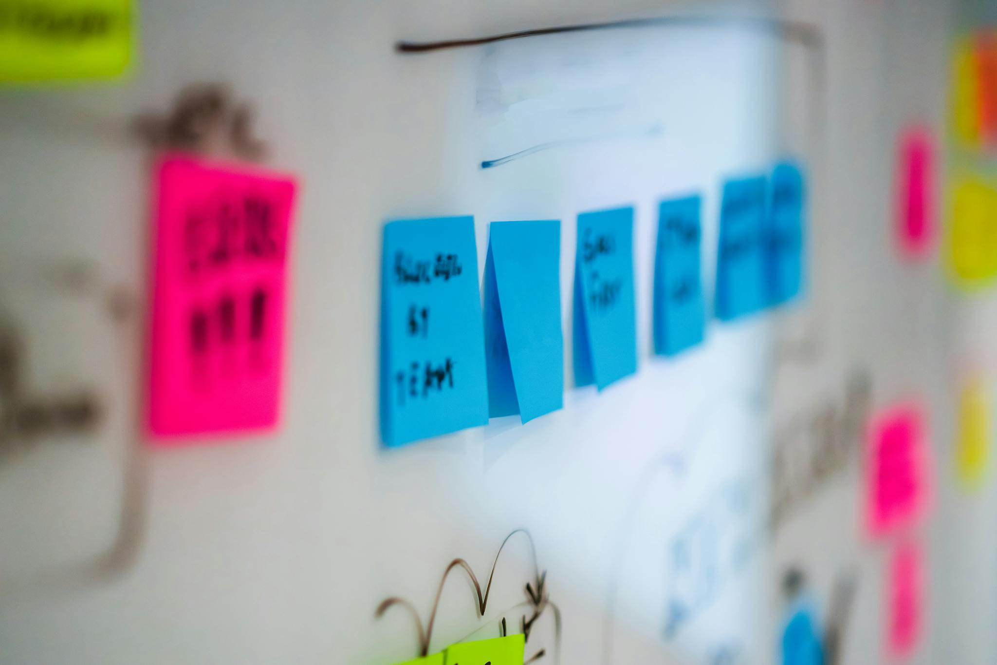 Sticky notes on a whiteboard during a brainstorming session